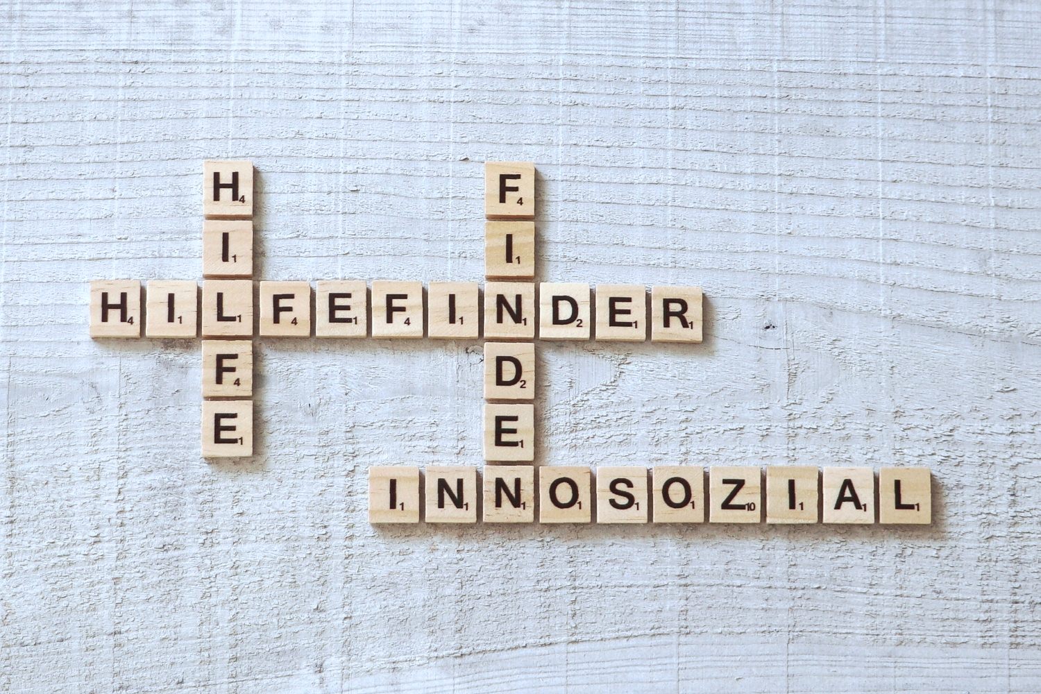 Bild zeigt: Vier Wörter aus den Buchstaben eines Scrabble-Spiels: Hilfefinder, Innosozial, Hilfe und Finden