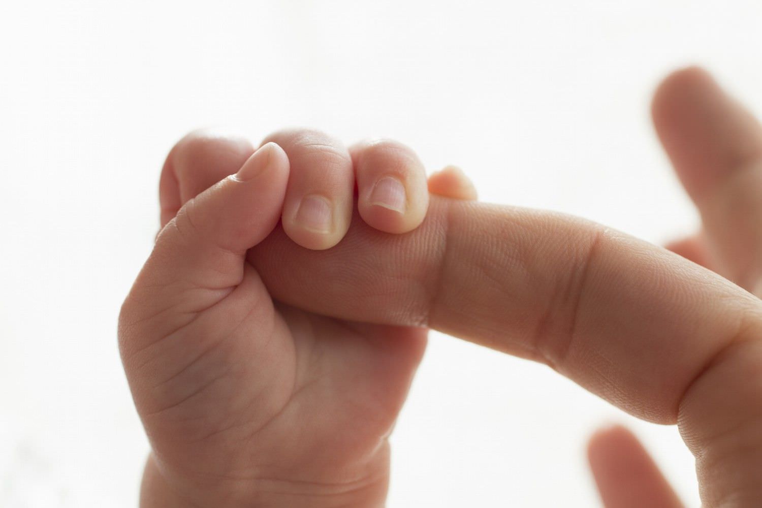 Bild zeigt: Eine Babyhand umgreift einen großen Zeigefinger
