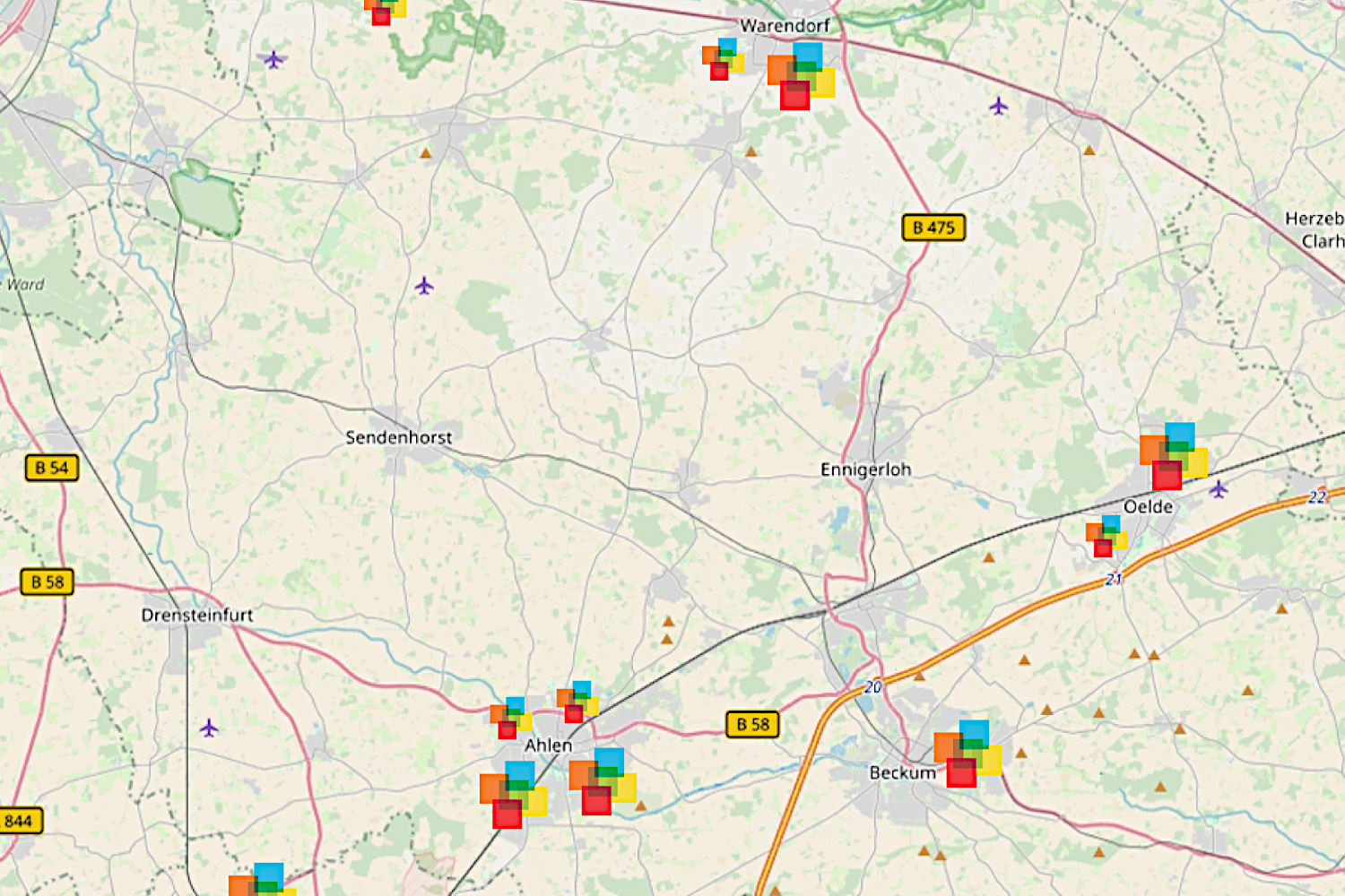 Bild zeigt: Kartenausschnitt mit Markierungen für die Zentren und Standorte im Kreis Warendorf