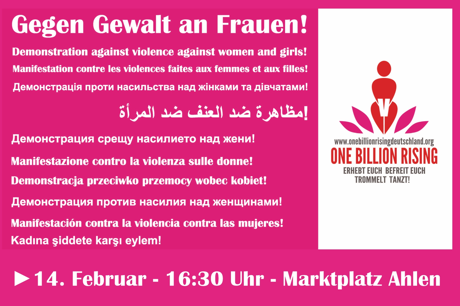 Bild zeigt: Plakat mit gegen Gewalt an Frauen in verschiedenen Sprachen