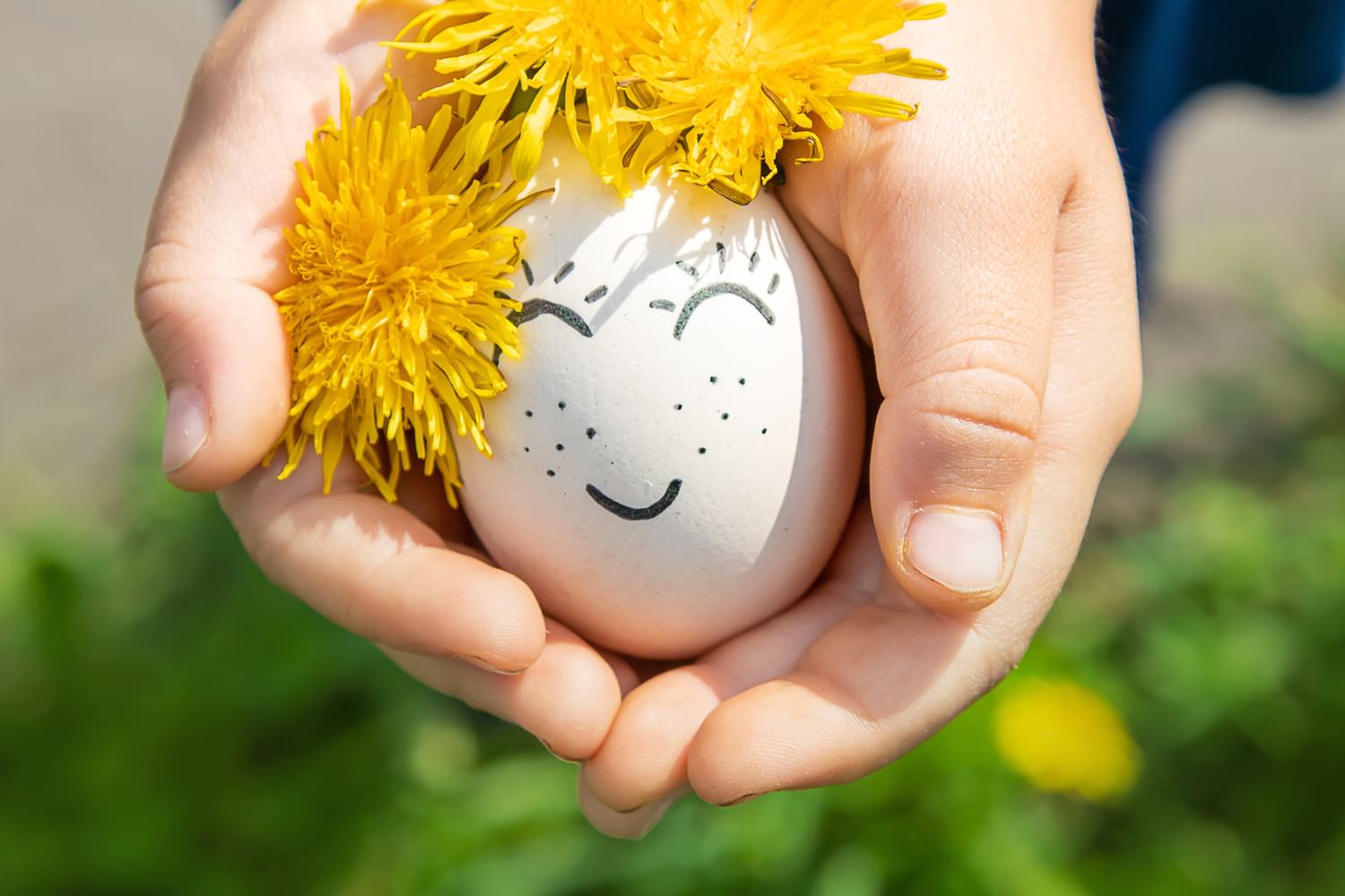 Bild zeigt: Kinderhände schützen ein Ei mit aufgemaltem Smiley