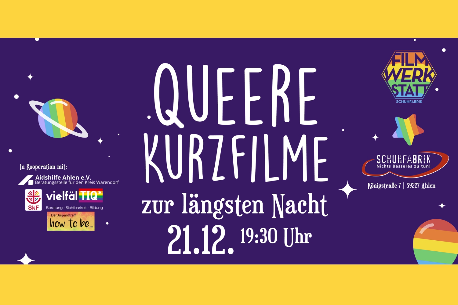 Bild zeigt: Plakat zur Veranstaltung queere Kurzfilme mit verschiedenen Logos