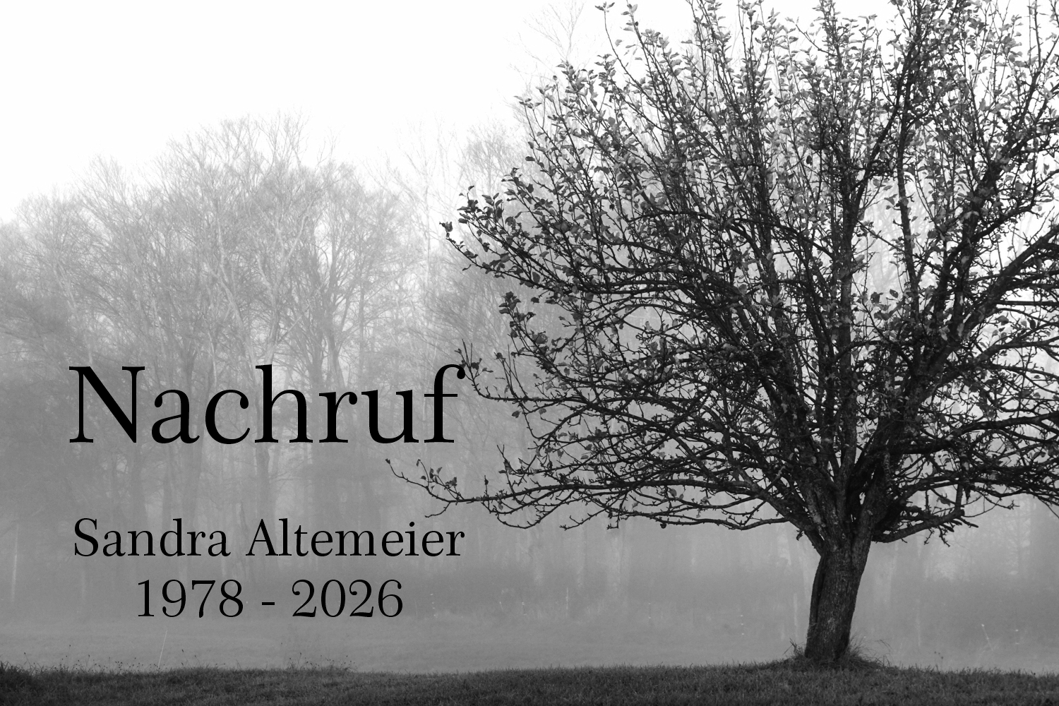 Ein großer Baum steht auf einer Wiese und im Foto stehen Nachruf Sandra Altemeier 1978 bis 2026 Bild zeigt: Ein großer Baum steht auf einer Wiese und im Foto stehen Nachruf Sandra Altemeier 1978 bis 2026