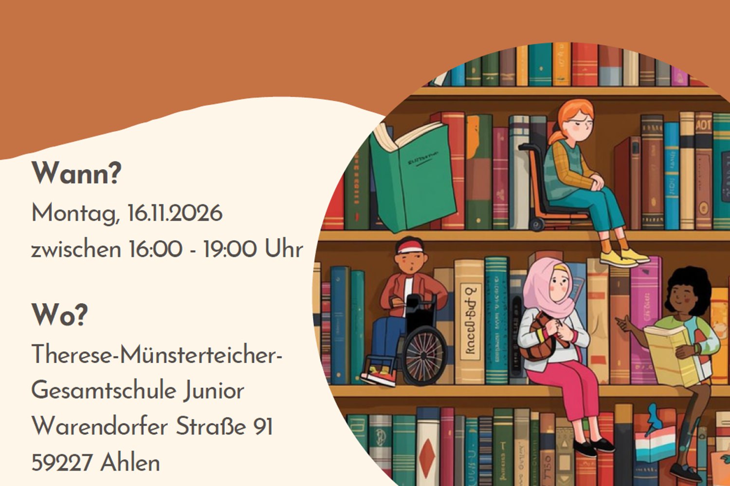Bild zeigt: Plakat mit gemalten Bücherregalen, in denen verschiedenen Kinder sitzen, sowie Datum und Ort
